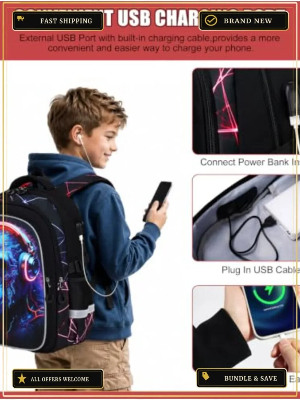 4-Piece Kids Backpack Set for Boys, Gaming Design, Insulated Lunch Bag, Sling